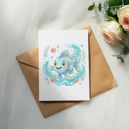 Cartoon fish smiling amongst waves and bubbles, on a card.