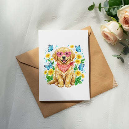 Golden retriever puppy wearing heart sunglasses and bandana, surrounded by butterflies and flowers.