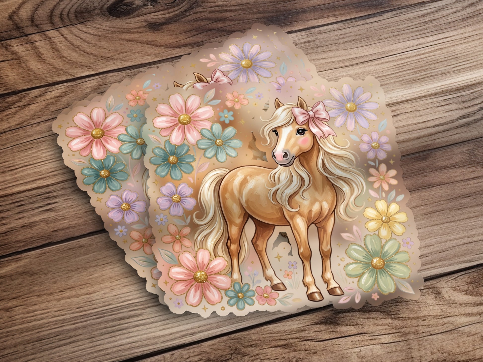 Golden pony with pink bow surrounded by pastel flowers.