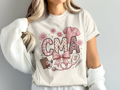 CMA text with medical icons, pink flowers, and plaid patterns.