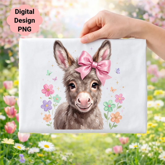 Donkey with pink bow and butterflies surrounded by flowers.