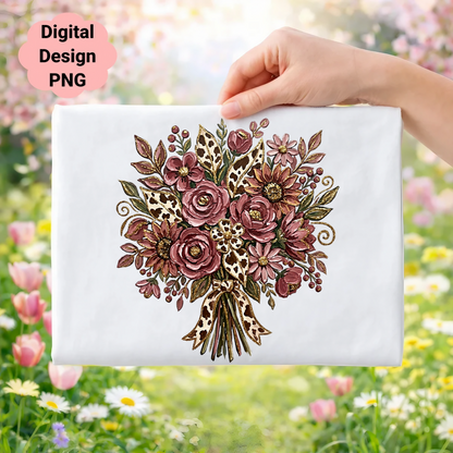 Floral bouquet with leopard print bow on a white fabric.
