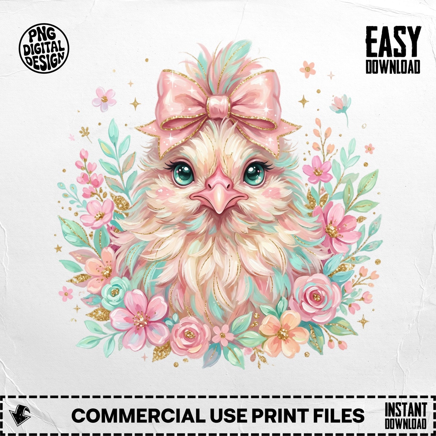 Fluffy chick with pink bow and pastel flowers, "Easy Download" text.