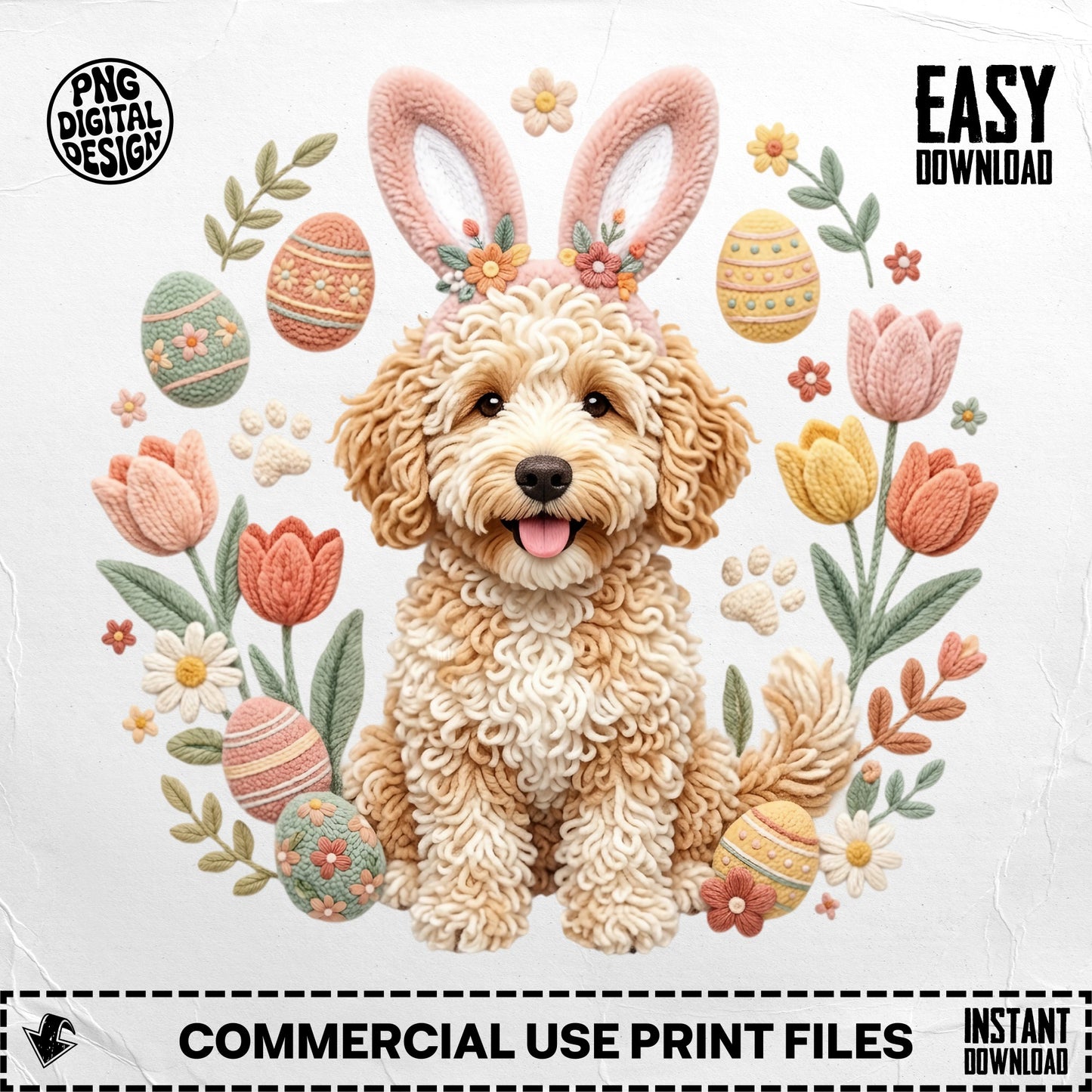 Fluffy dog with bunny ears surrounded by Easter eggs and tulips.