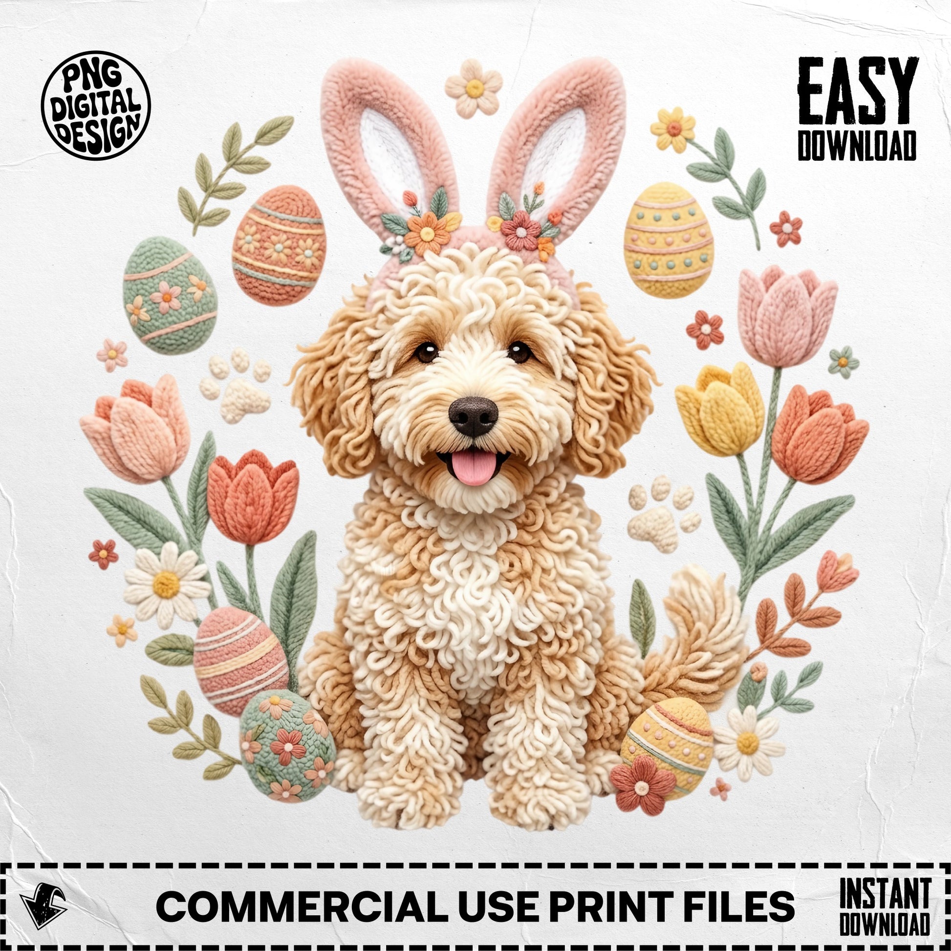 Fluffy dog with bunny ears surrounded by Easter eggs and tulips.