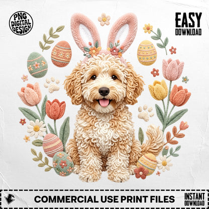 Fluffy dog with bunny ears surrounded by Easter eggs and tulips.