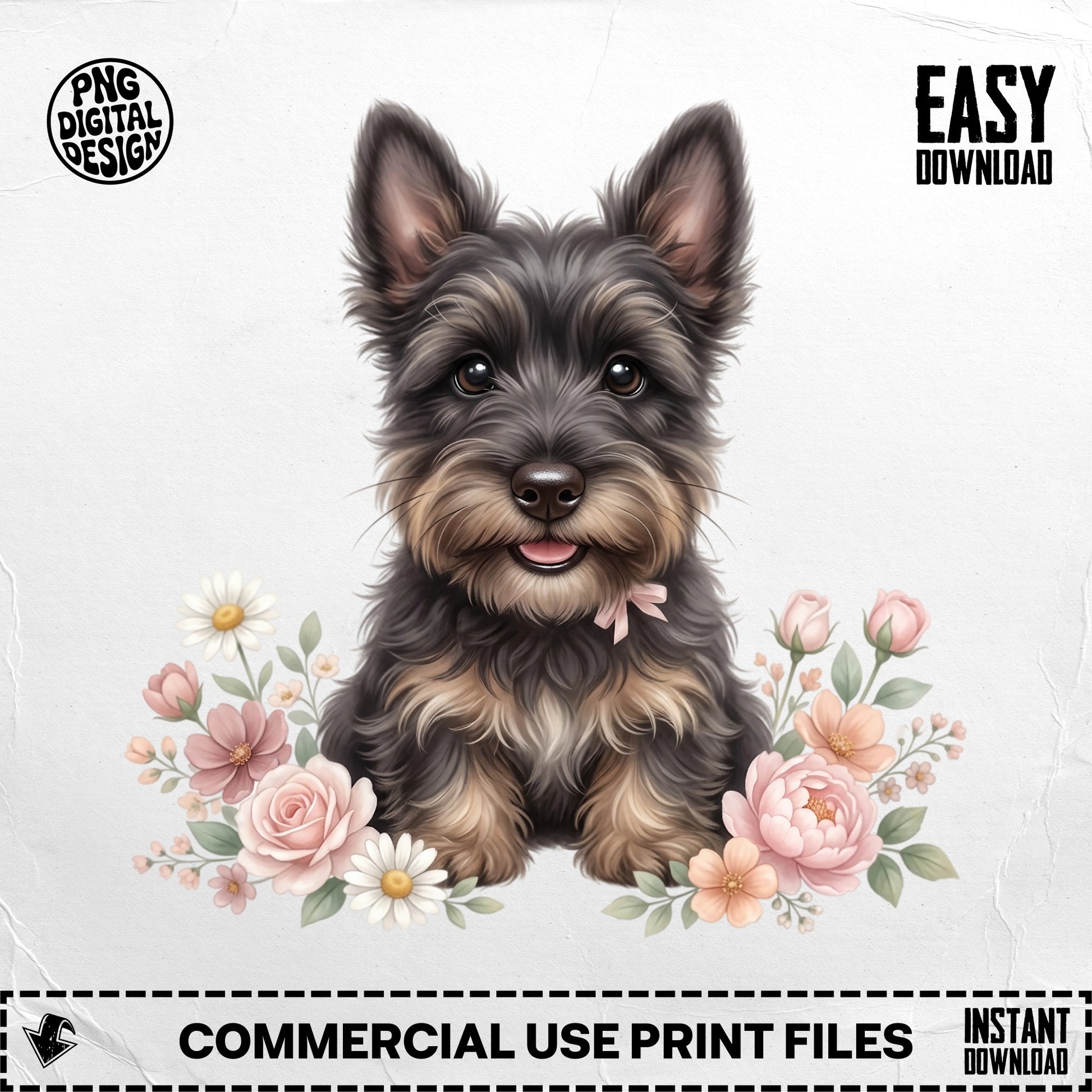 Yorkshire terrier puppy surrounded by pink and white flowers with "Easy Download" text.
