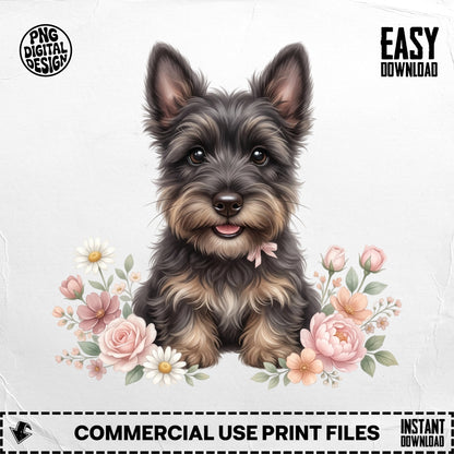 Yorkshire terrier puppy surrounded by pink and white flowers with "Easy Download" text.