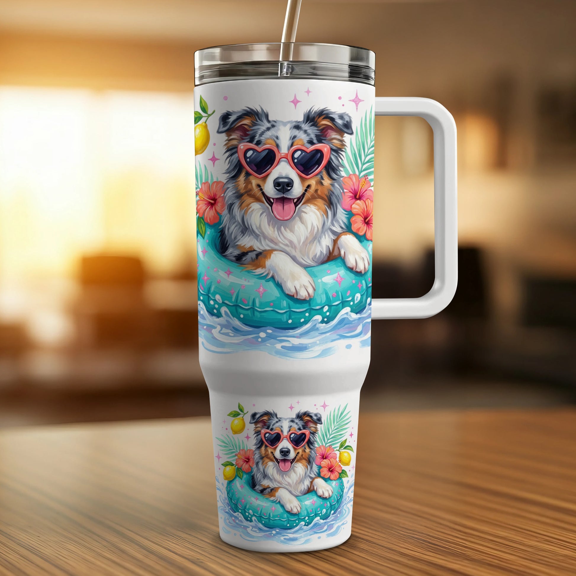 Australian Shepherd dog wearing heart sunglasses in inflatable ring on tumbler.