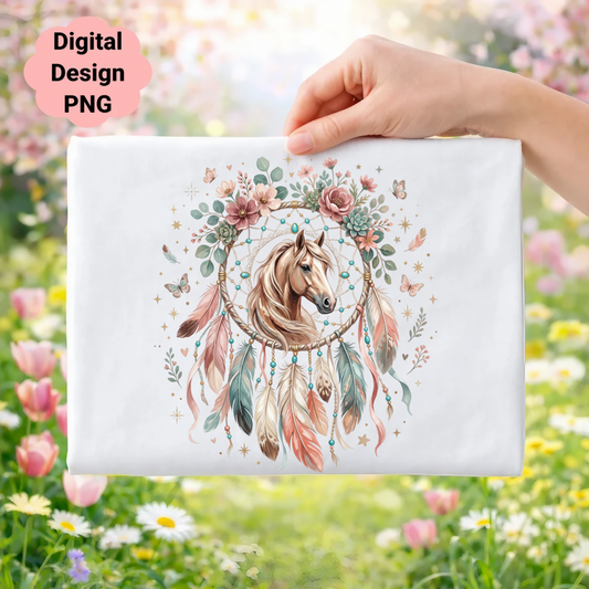 Dreamcatcher with horse, feathers, flowers, and butterflies.