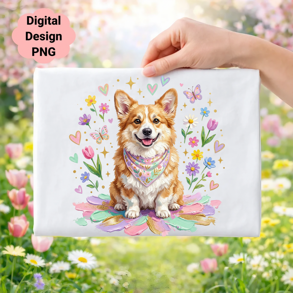 Corgi wearing a bandana surrounded by colorful flowers and butterflies.
