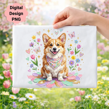 Corgi wearing a bandana surrounded by colorful flowers and butterflies.