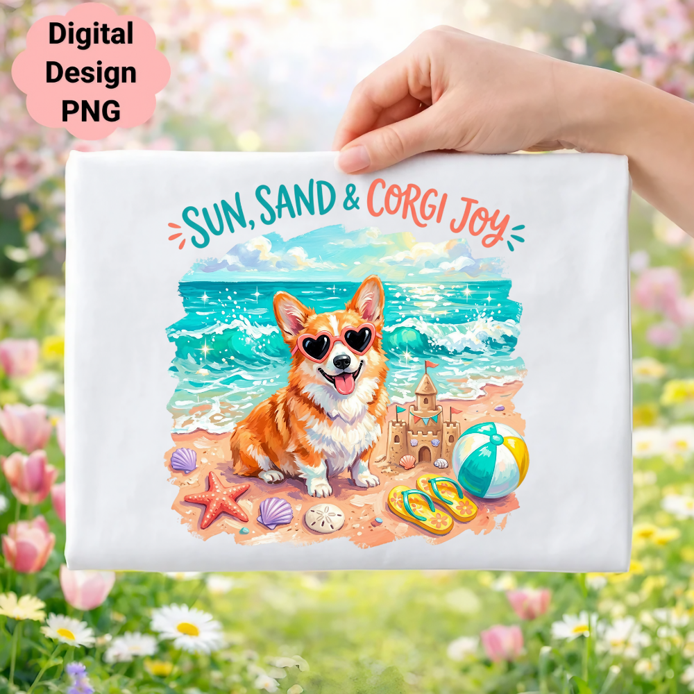 Corgi wearing sunglasses on a beach with a sandcastle, starfish, and flip-flops.