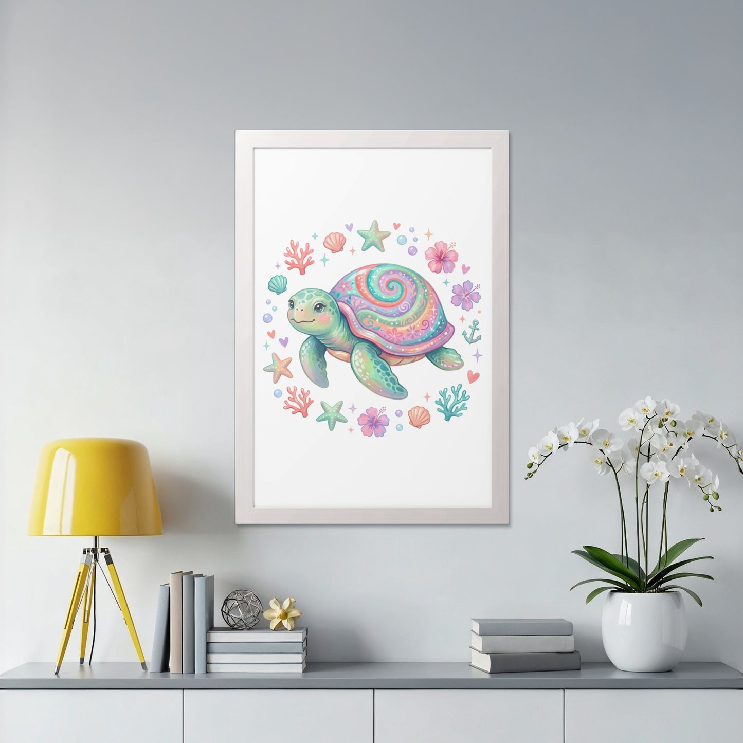 Cute cartoon turtle with pastel spiral shell surrounded by seashells and starfish.