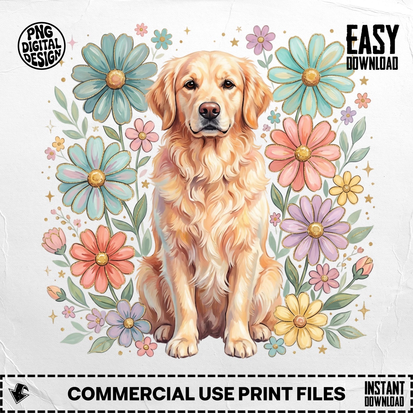Golden retriever surrounded by colorful daisy flowers, with "PNG DIGITAL DESIGN" and "EASY DOWNLOAD" text.