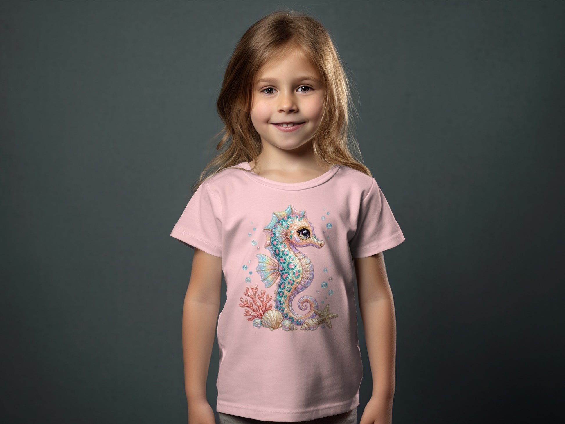 Girl wearing a pink t-shirt with a colorful seahorse graphic.
