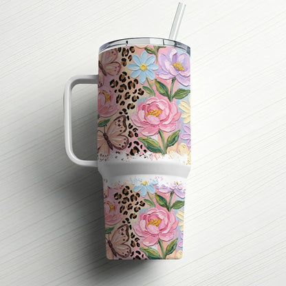Pink floral and leopard print tumbler with straw.
