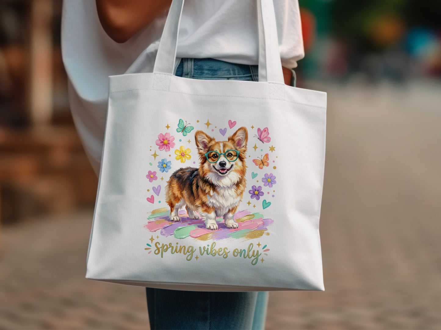 Corgi wearing glasses with flowers and "spring vibes only" text.
