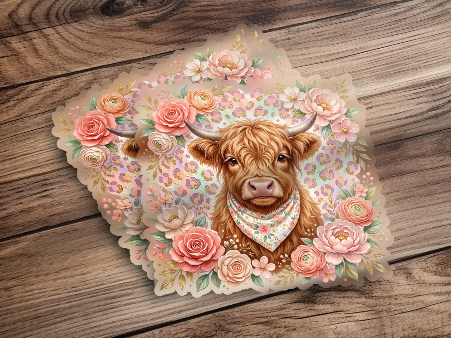 Highland cow with floral wreath and bandana, soft pastel colors.
