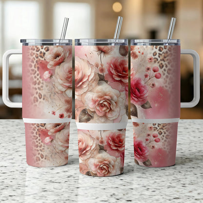 Three tumblers with pink roses and leopard print designs.