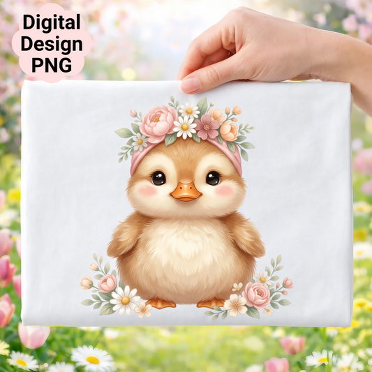 Cute baby chick wearing a floral headband, surrounded by flowers.