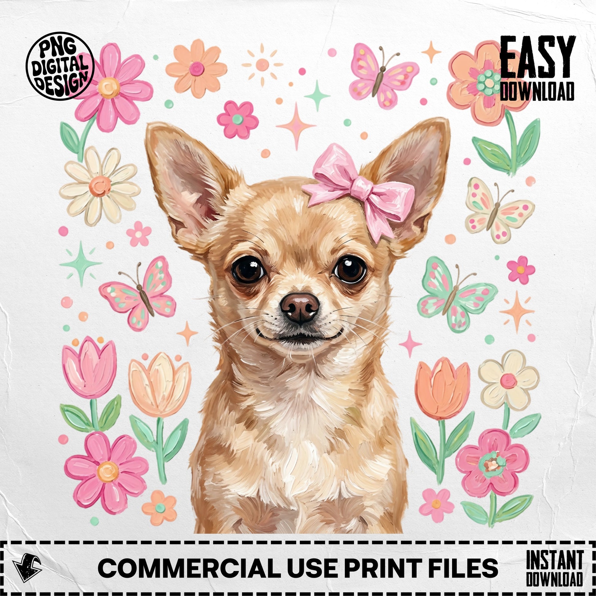 Chihuahua wearing a pink bow, surrounded by flowers and butterflies.