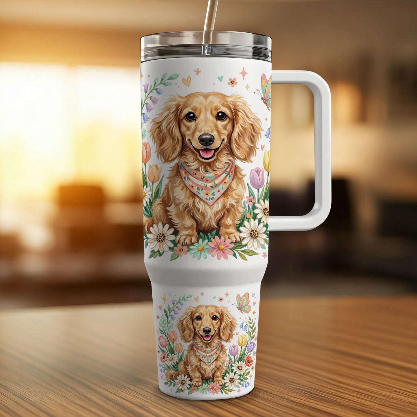 White tumbler with dachshund wearing bandana surrounded by flowers and butterflies.