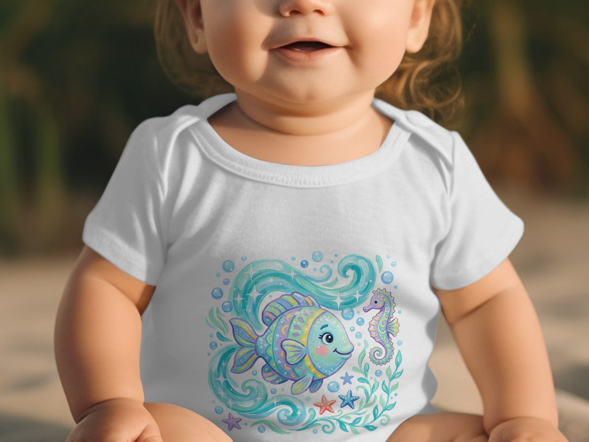 Baby wearing white onesie with smiling fish and seahorse design.