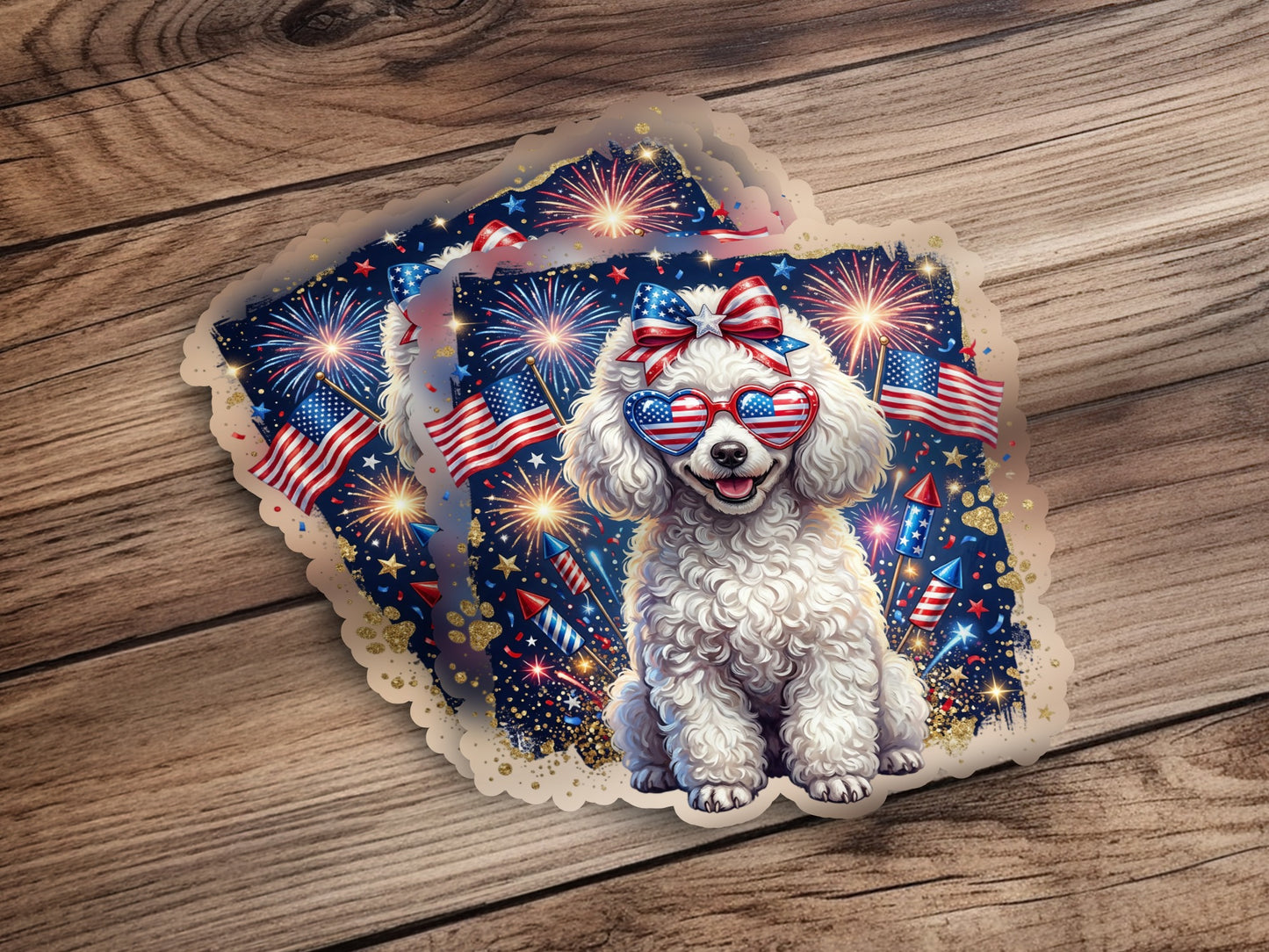 Poodle in heart-shaped sunglasses with fireworks and American flags.