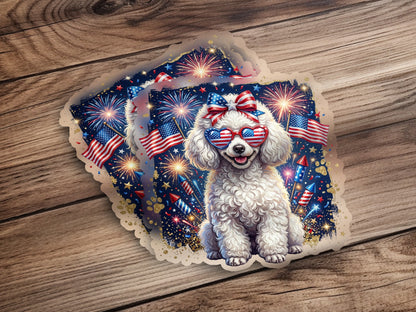 Poodle in heart-shaped sunglasses with fireworks and American flags.