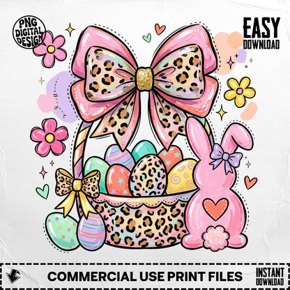 Easter basket with leopard print, bunny, colorful eggs, and flowers, PNG digital design.