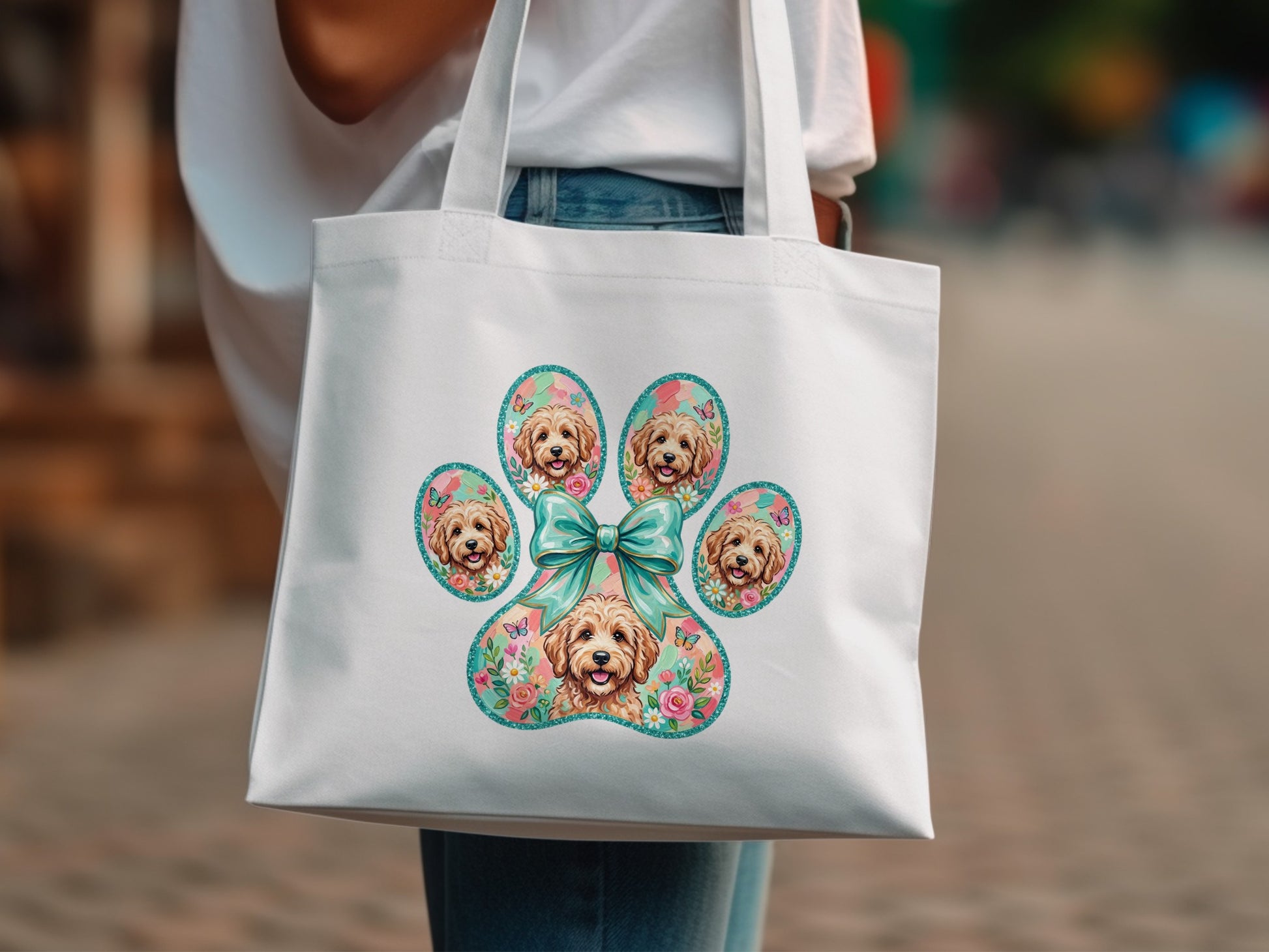 White tote bag with a large paw print design featuring four cavapoo puppies and floral accents.