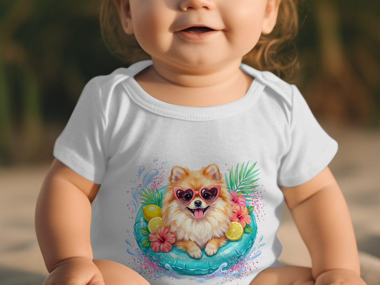 Baby wearing white onesie with a cute Pomeranian dog graphic.