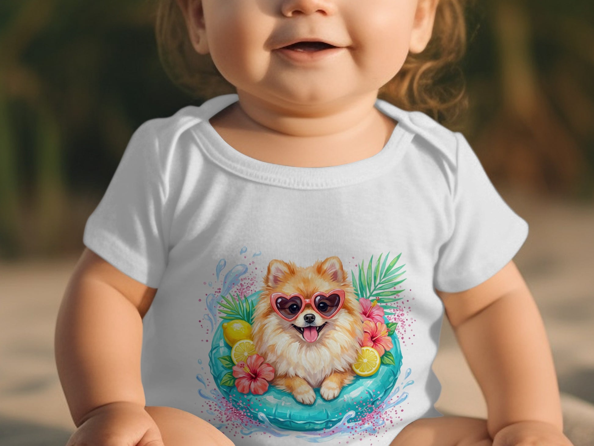 Baby wearing white onesie with a cute Pomeranian dog graphic.