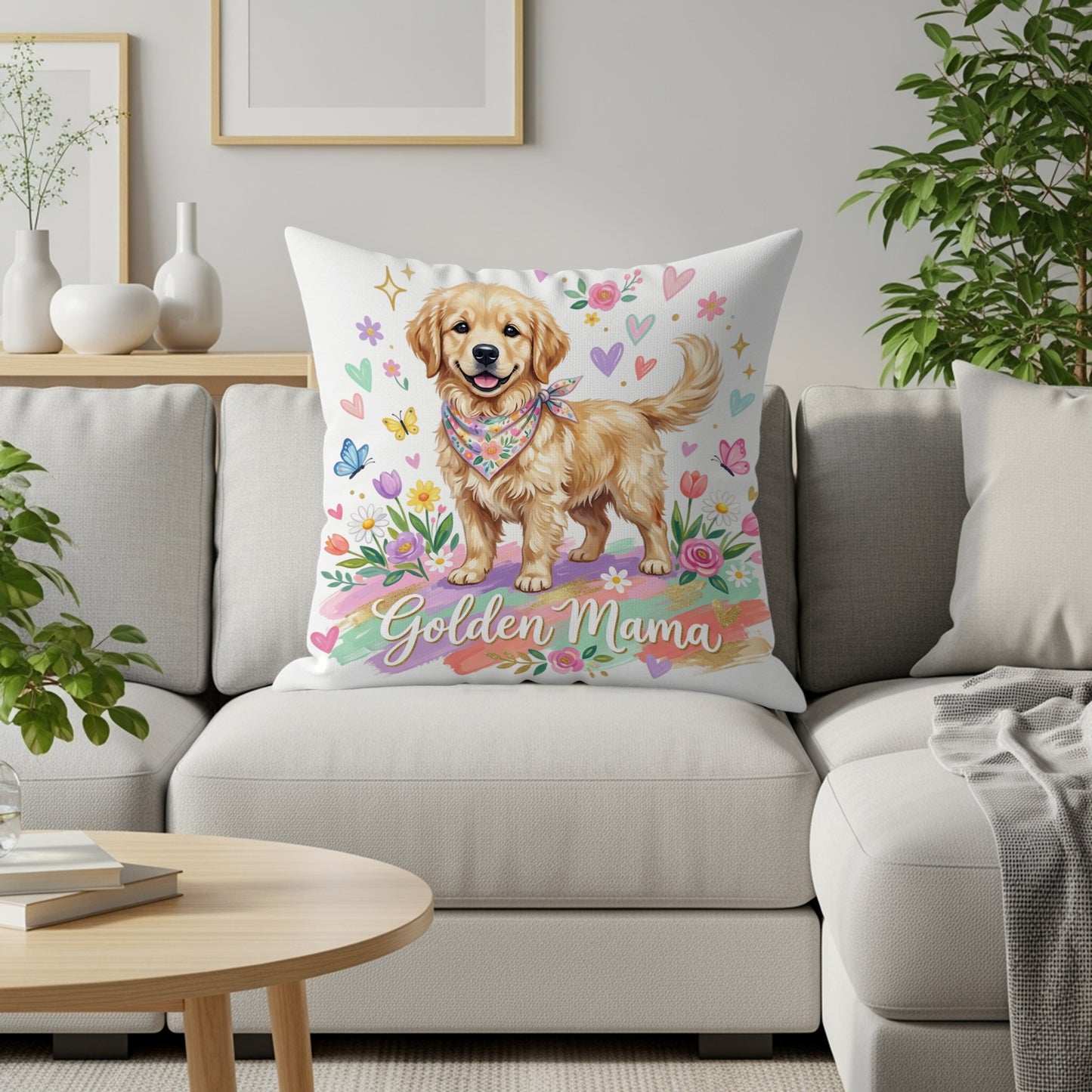 Golden Retriever wearing bandana on couch, "Golden Mama" text with hearts and flowers.