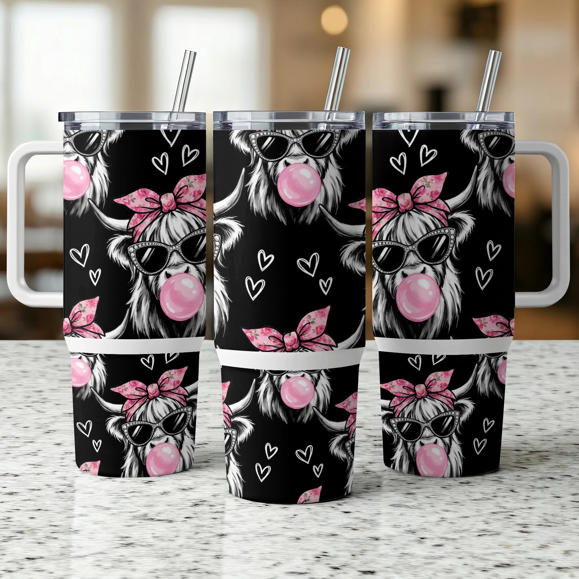 Cow with sunglasses blowing bubblegum on a pink heart patterned tumbler.