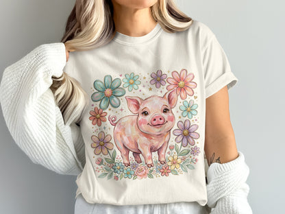 Cute cartoon pig surrounded by colorful pastel flowers.