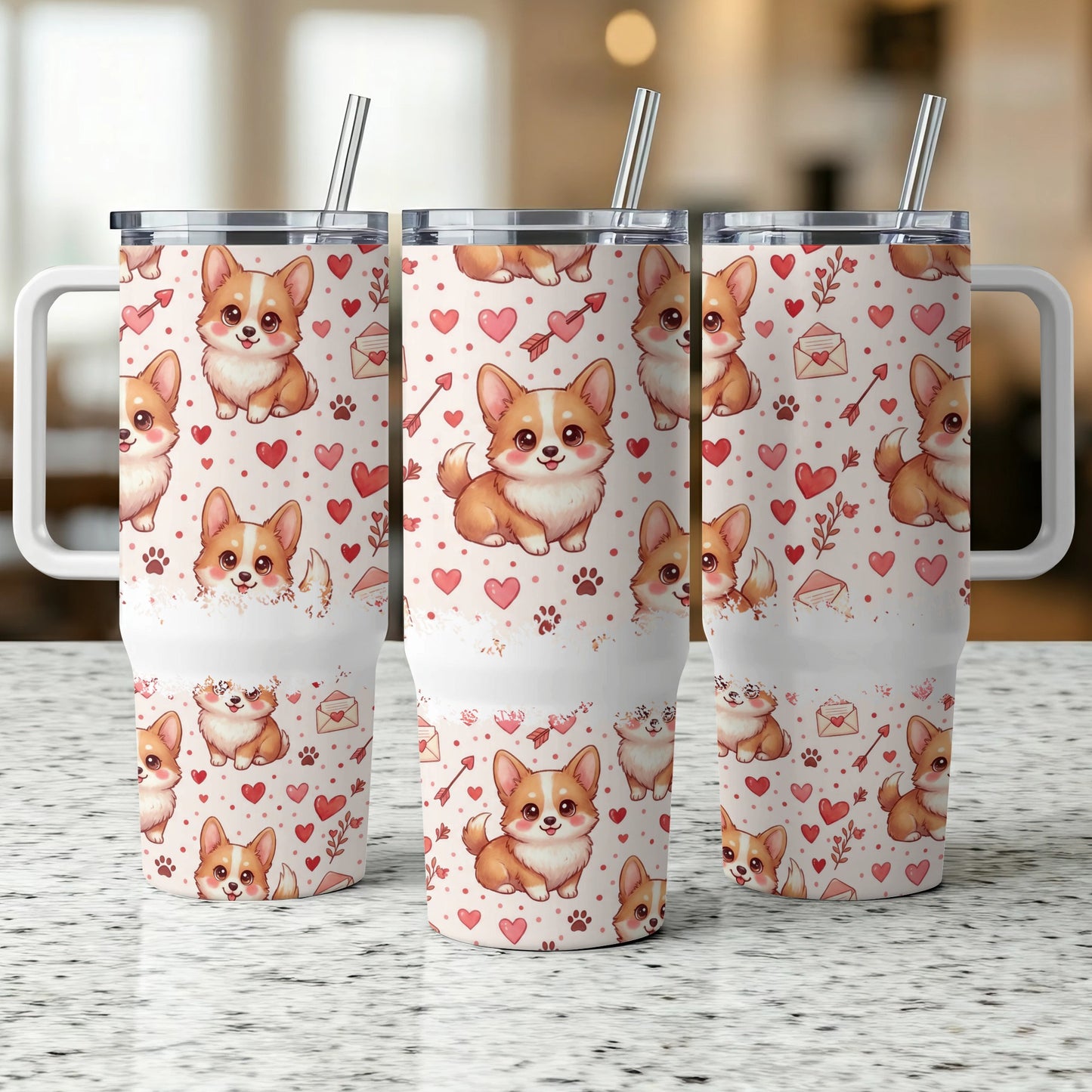 Three tumblers with a corgi and heart pattern.