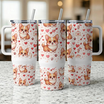 Three tumblers with a corgi and heart pattern.