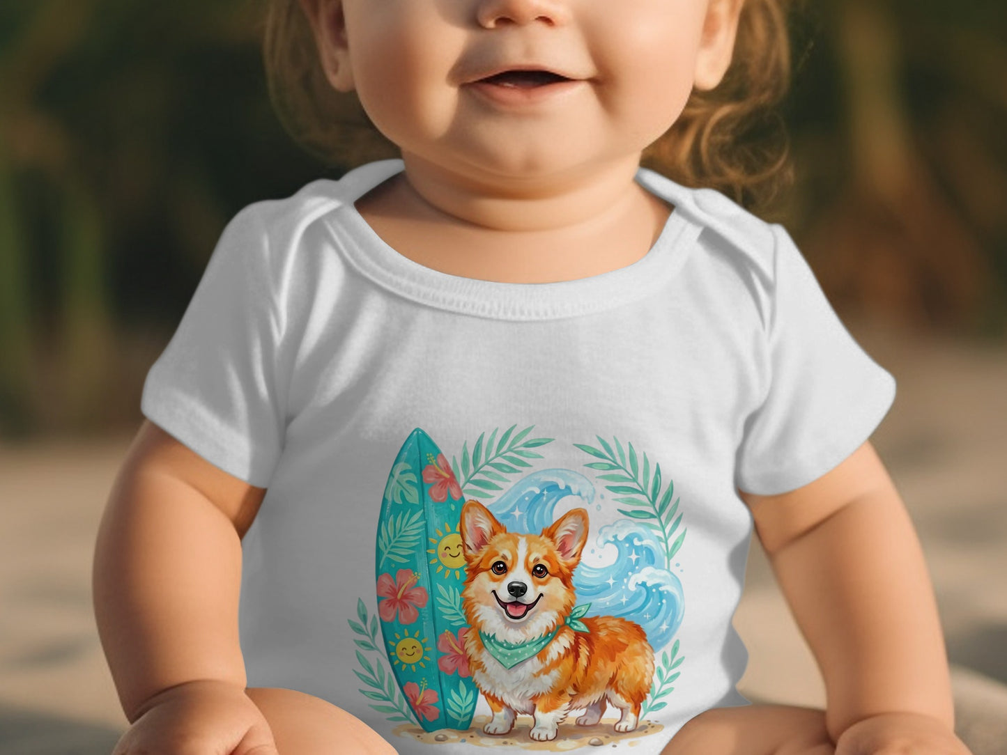 Baby in white bodysuit with corgi on surfboard graphic.