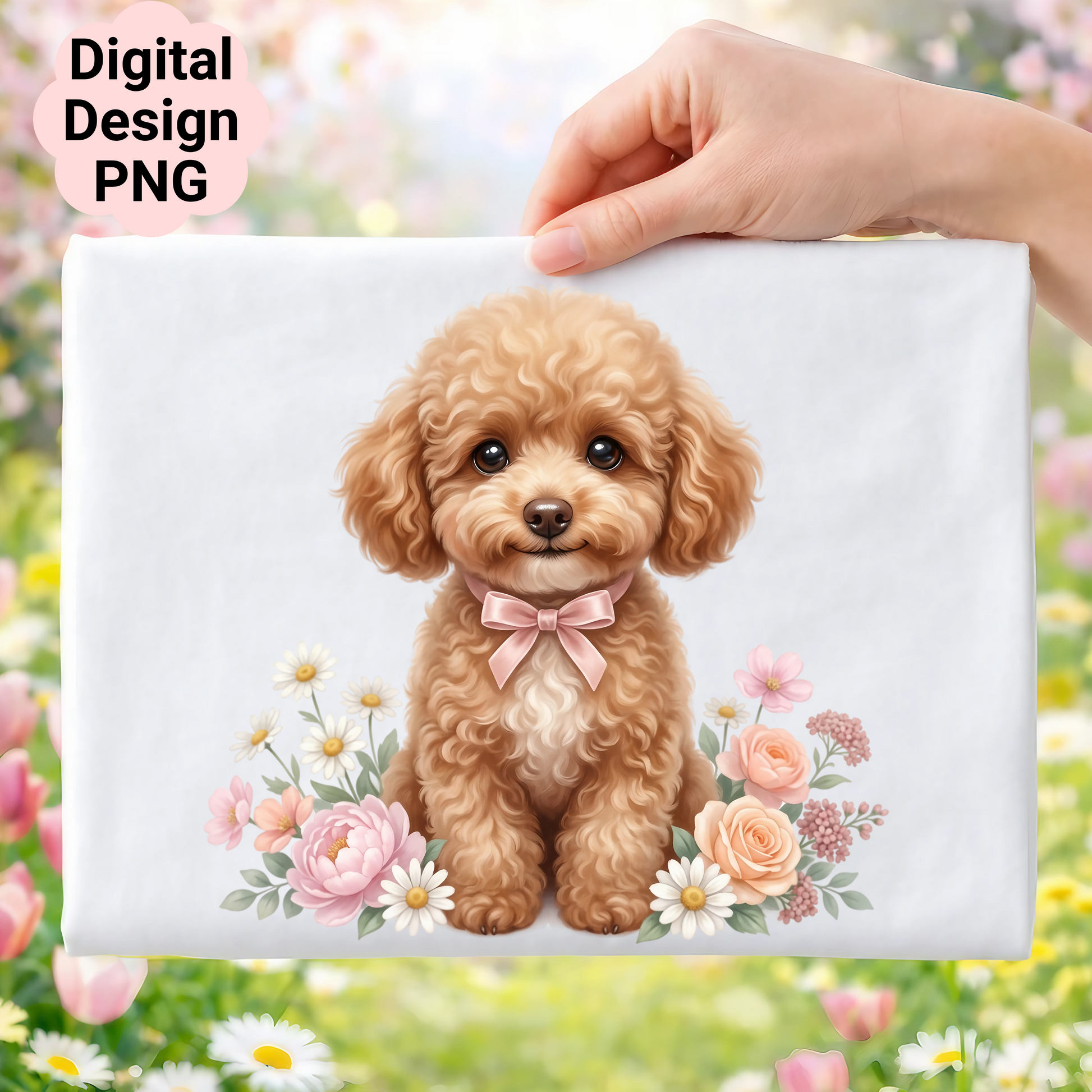 Poodle puppy with pink bow surrounded by flowers and butterflies.