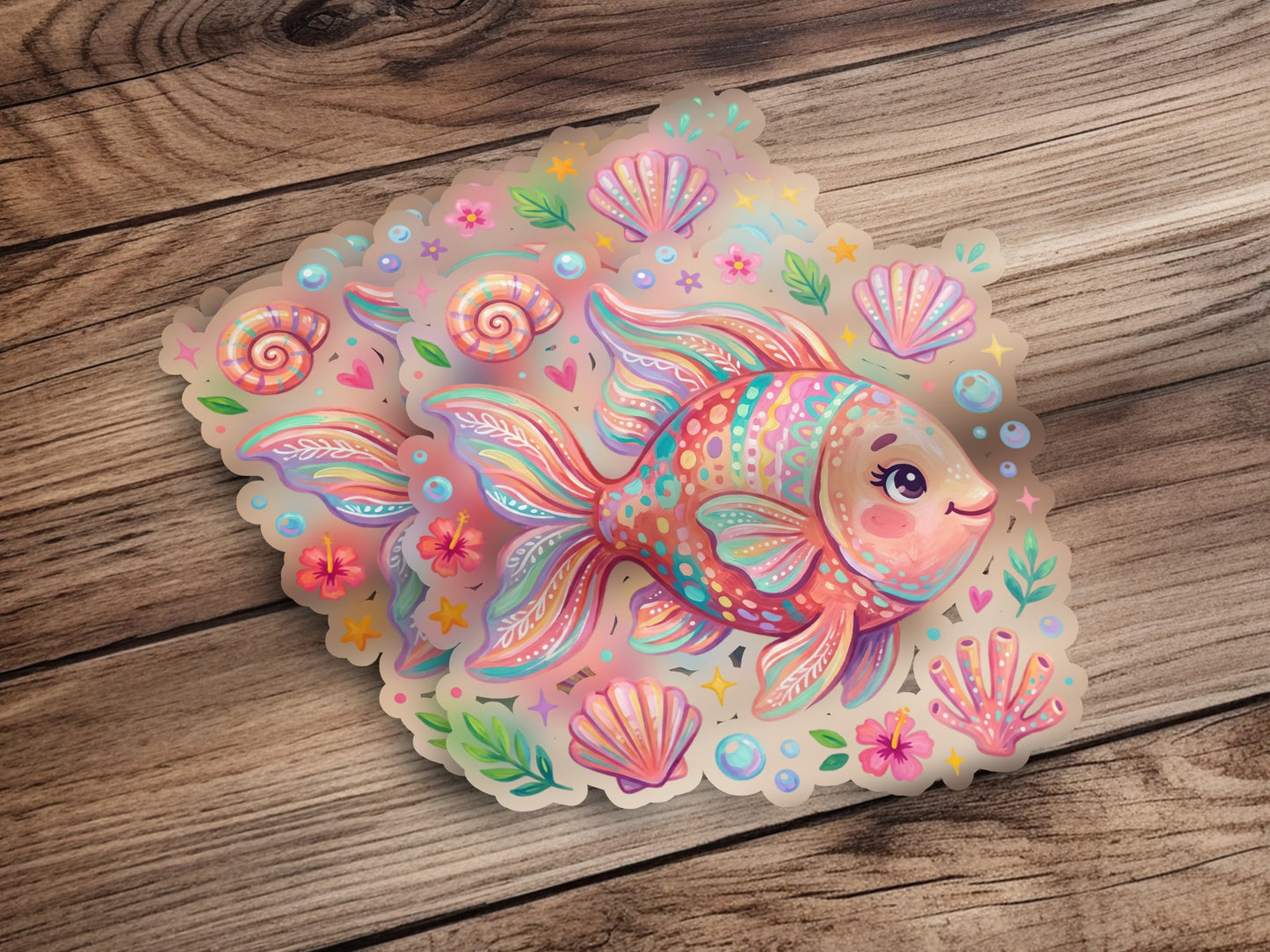 Colorful cartoon fish with seashells and flowers on a wooden background.