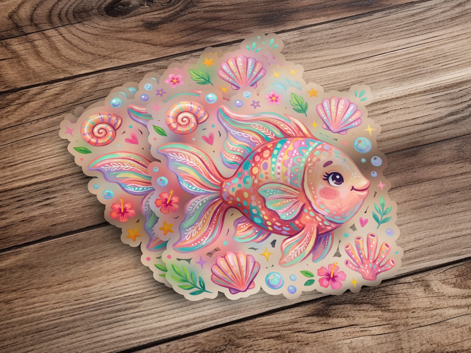 Colorful cartoon fish with seashells and flowers on a wooden background.