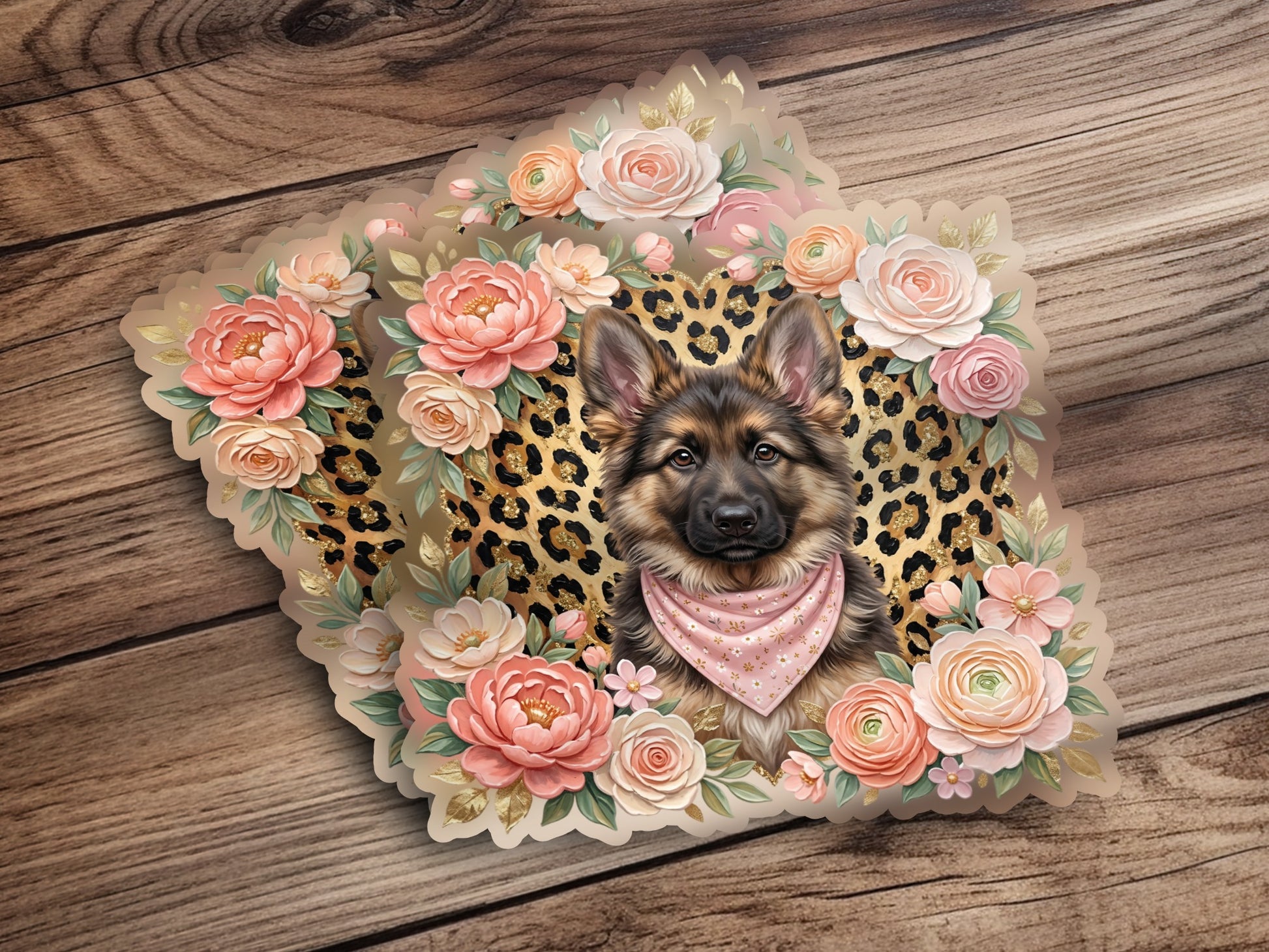 German Shepherd wearing a bandana surrounded by flowers.