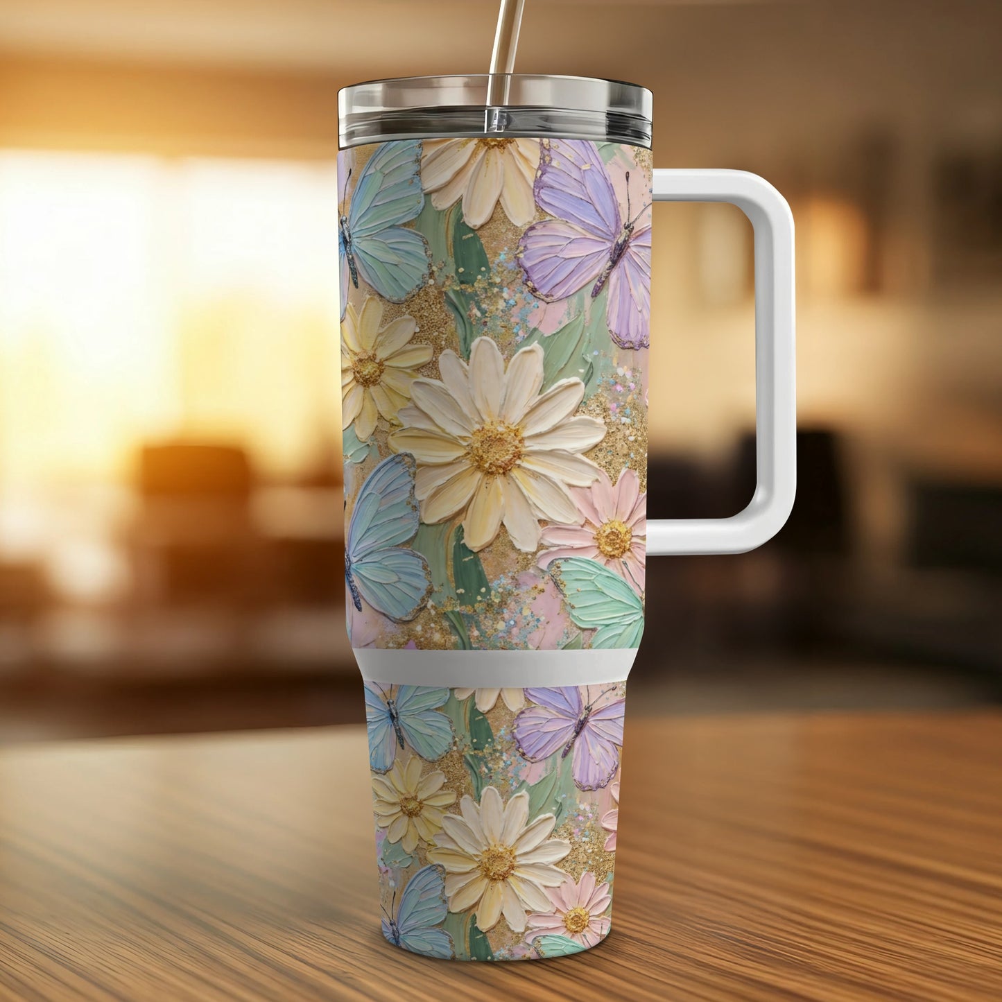 White tumbler with colorful floral and butterfly pattern.