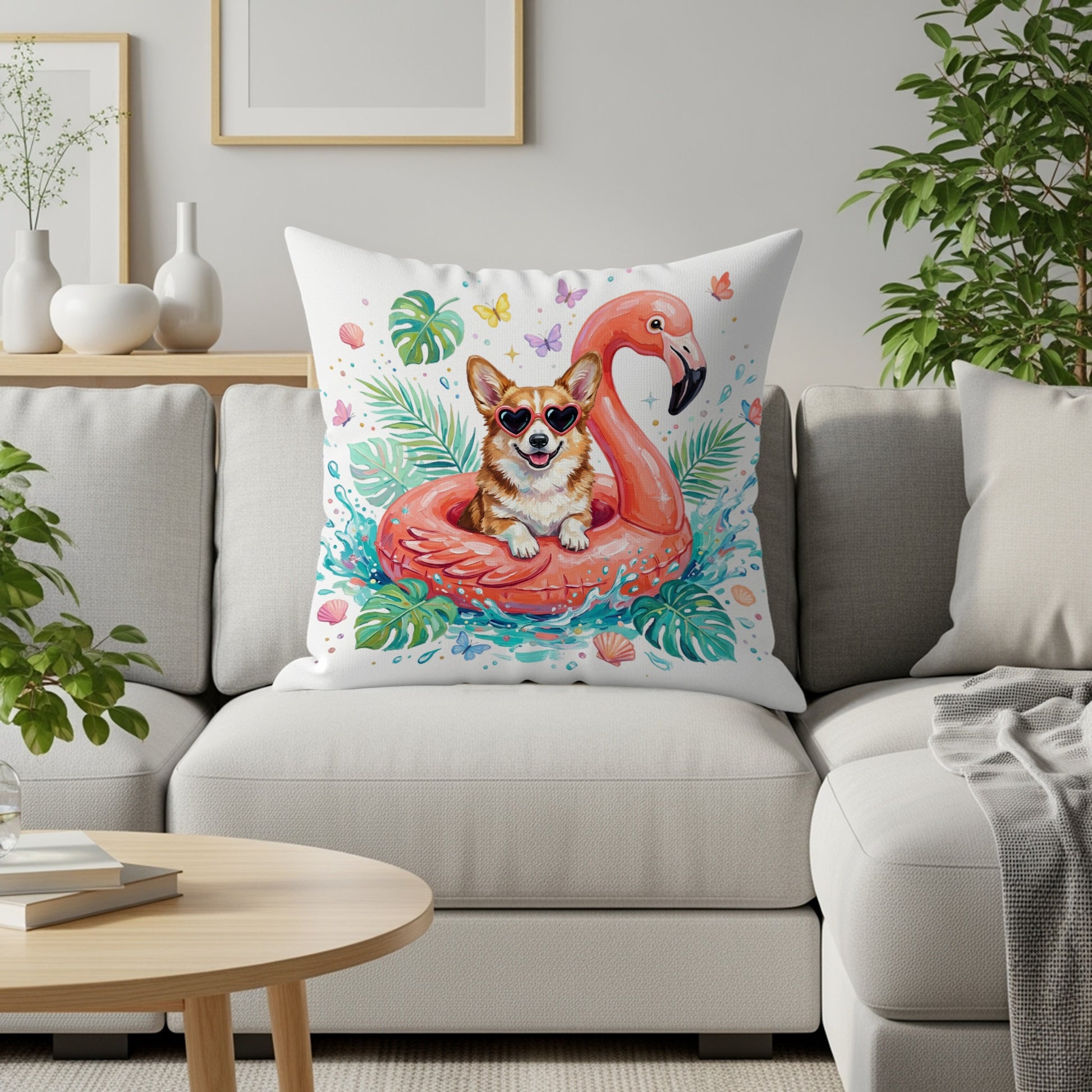 Corgi wearing sunglasses on a flamingo float.
