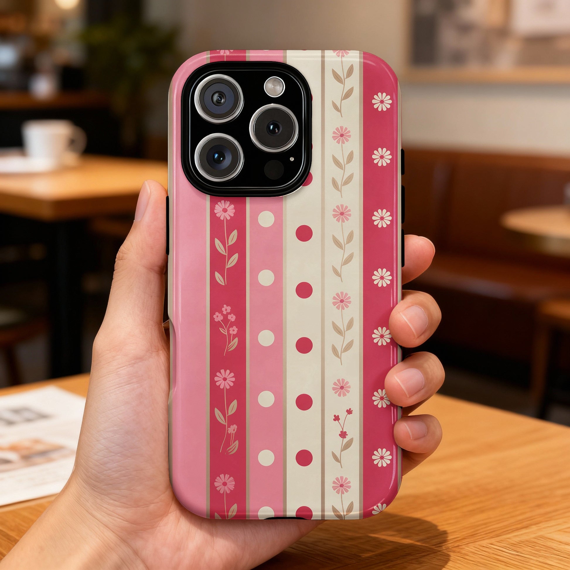 Pink and cream striped phone case with floral dots held in hand.