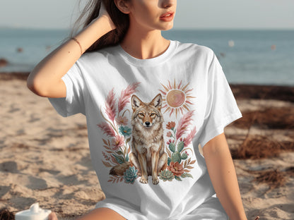 White t-shirt with a coyote and desert floral graphic print.