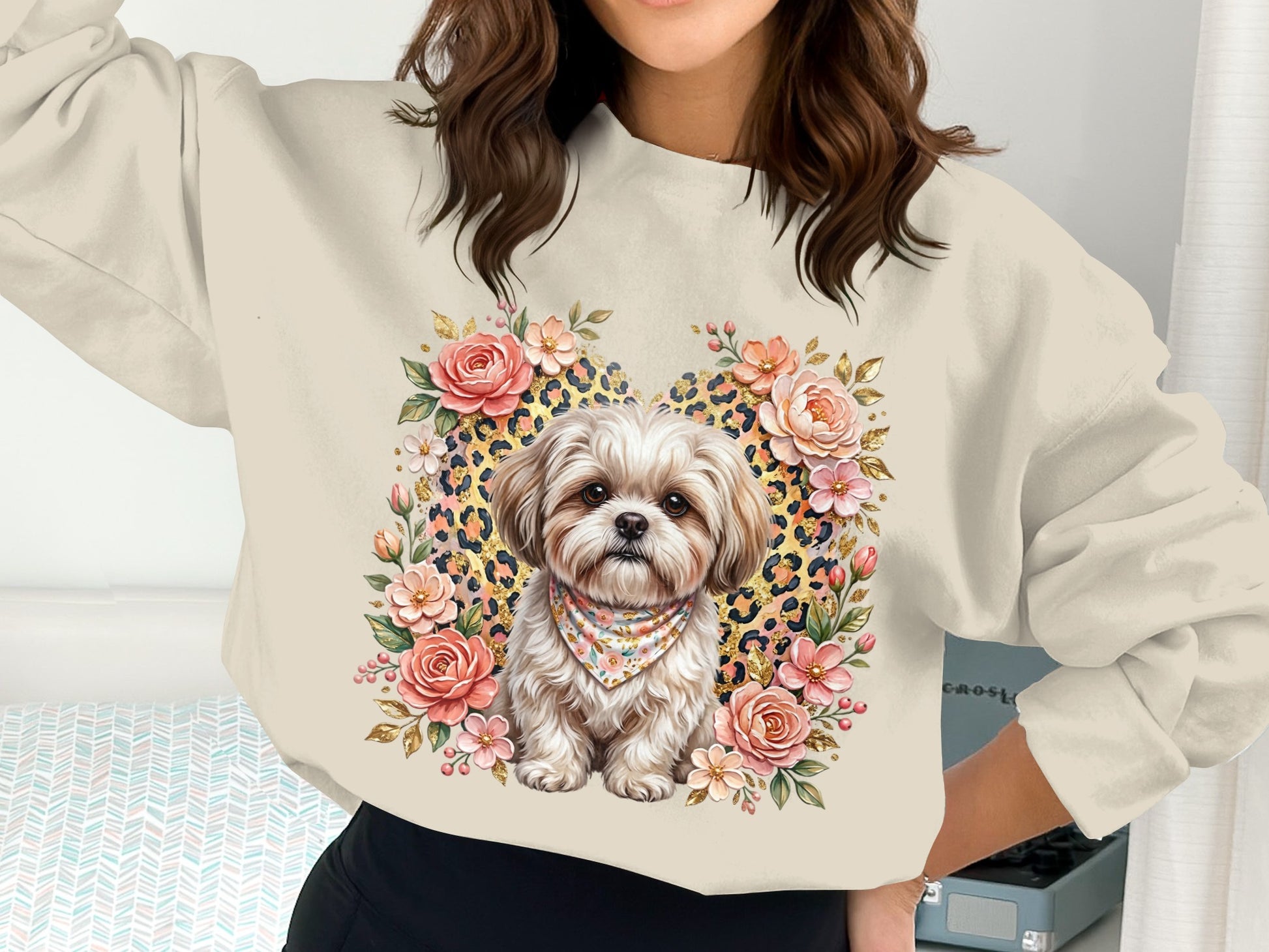 Shih Tzu dog wearing bandana, surrounded by floral and leopard print heart.