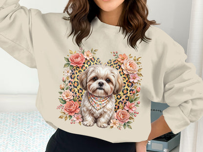 Shih Tzu dog wearing bandana, surrounded by floral and leopard print heart.